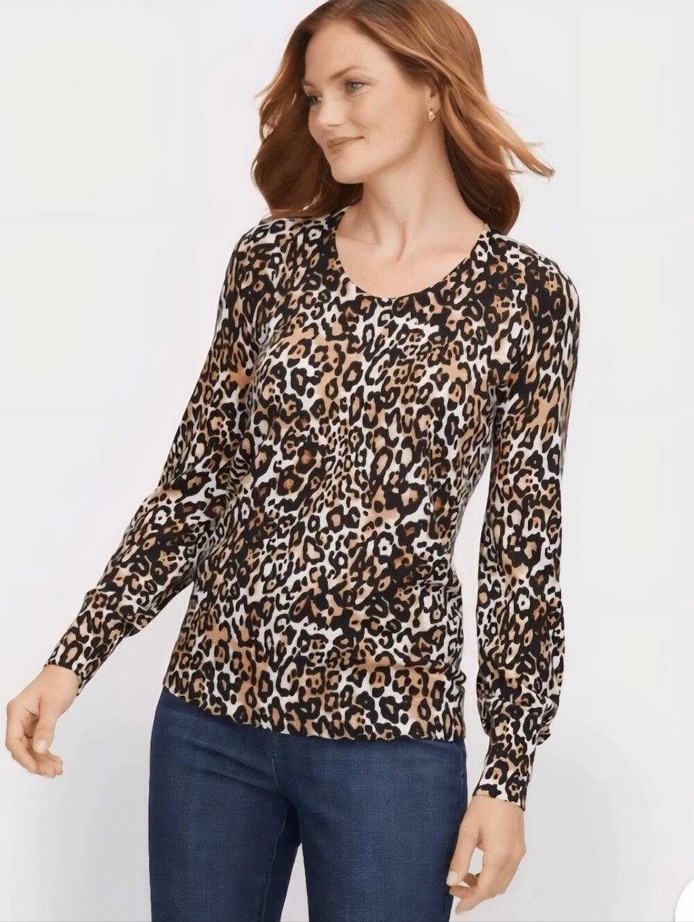 Talbots Merino Wool Leopard-Print V-Neck Pullover in Black, Brown, Cream